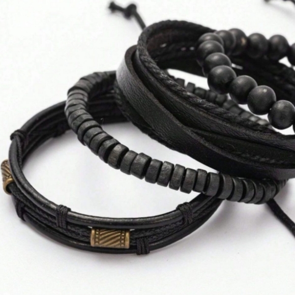 MENS Boho Beaded Leather Black Bracelet Set NEW 2 pieces in package. - Picture 2 of 7